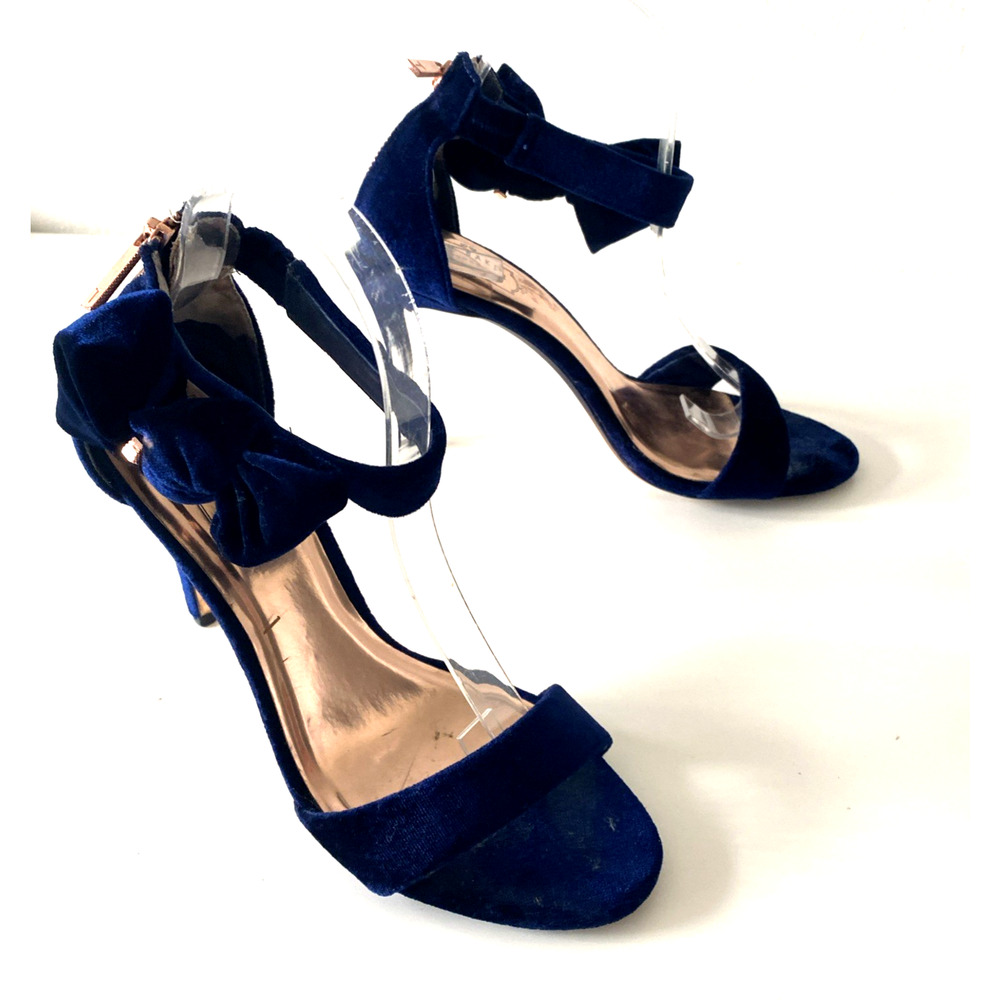 Ted Baker Torabel Velvet Blue Sandal Open Toe Slim Heel Stiletto Bow Back Zip 40 - Picture 4 of 10